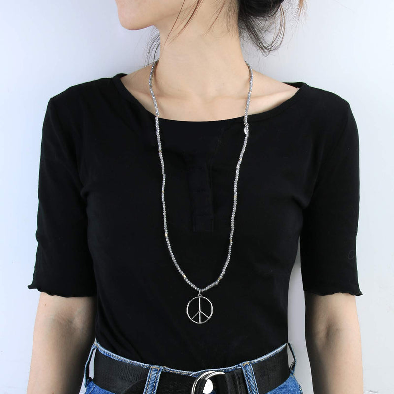 [Australia] - KELITCH Classic Peace Sign Necklace Love Hippie Pendant Frosted Crystal Beaded Necklace Colorful T 