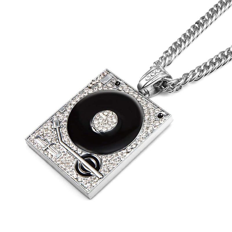 [Australia] - Xusamss Hip Hop DJ 18K Gold Plated Crystal Phonograph Tag Pendant Necklace with Chain plated silver 