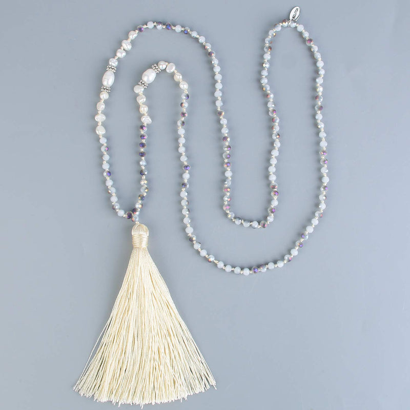 [Australia] - KELITCH Long Tassel Necklace Handmade Shell Pearl Crystal Beads Necklace for Women White Beige 