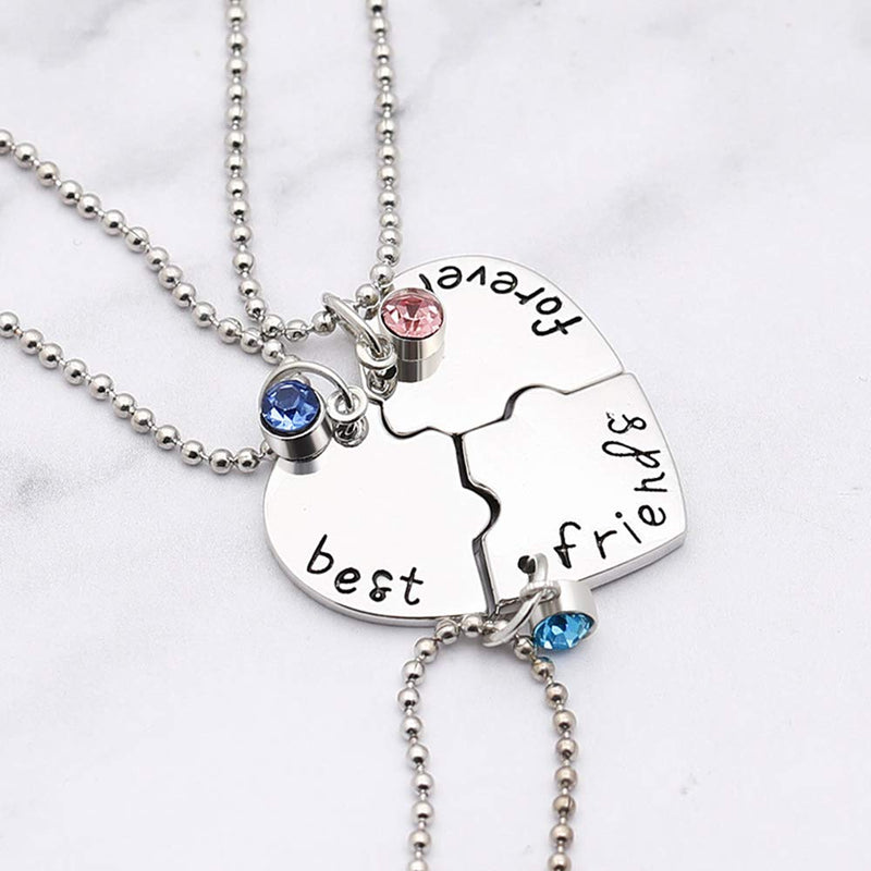 [Australia] - MJartoria BFF Neckalces for 3 Engraved Best Friend Neckalces Rhinestone Puzzle Split Heart Pendant Best Friends Forever Friendship Necklaces Set A-Silver Best Friends Forever 3PCS 