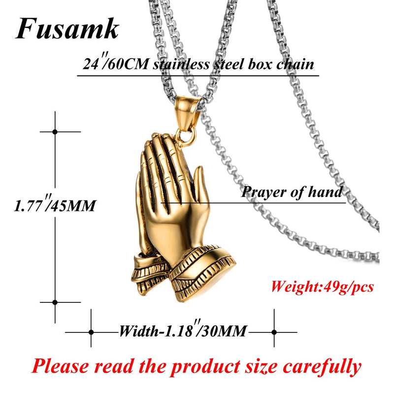 [Australia] - Fusamk Fashion Stainless Steel Prayer of Hand Pendant Necklace,24" Link Chain Gold Prayer of Hand 