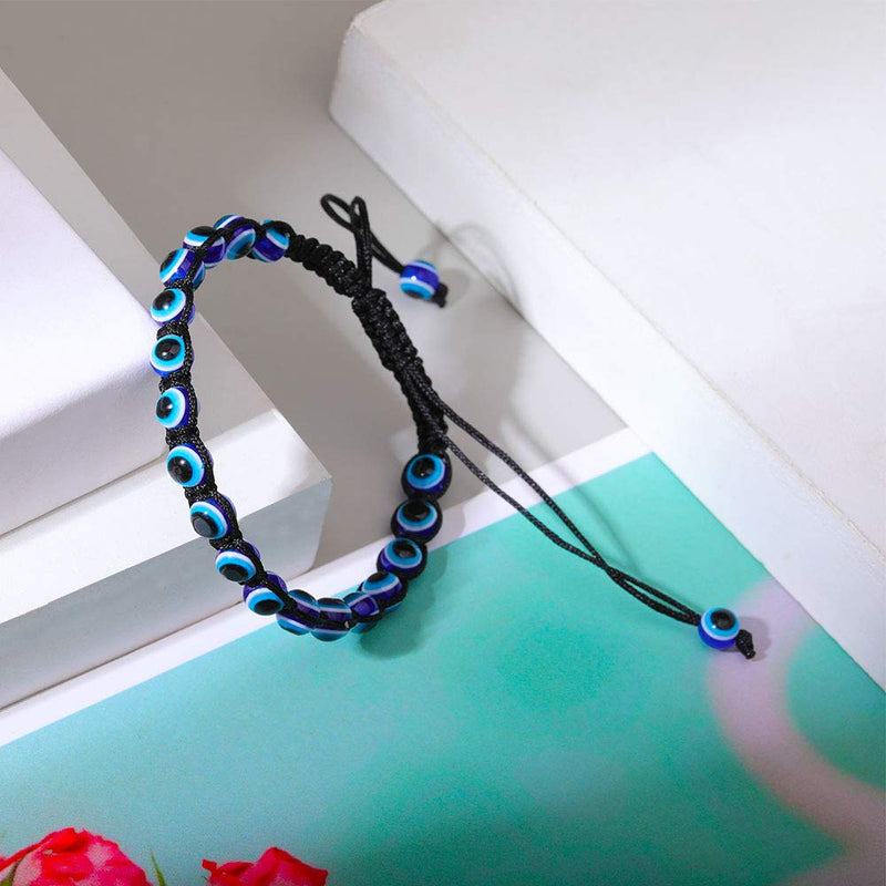 [Australia] - SUMMER LOVE Evil Eye Bead Bracelets Hand-Woven Ojo Turco Lucky Kabbalah Protection Nazar Amulet Bracelet Anklet for Women Kids Men black set 