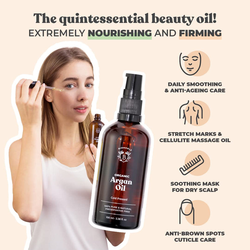 [Australia] - ORGANIC ARGAN OIL | 100% Pure, Natural & Cold Pressed | Hair, Face, Body, Beard, Nails | Vegan & Cruelty Free | Glass Bottle + Pipette + Pump (100ml) 100ml 