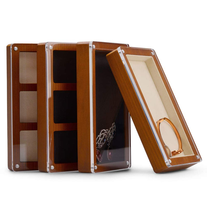 [Australia] - Oirlv Solid Wooden Glass Top Jewelry Display Case,Wooden Small Jewelry Tray for Collectibles Home Organization Accessories Storage Box with Lid(Creamy-white) Creamy-white 3 Grids 