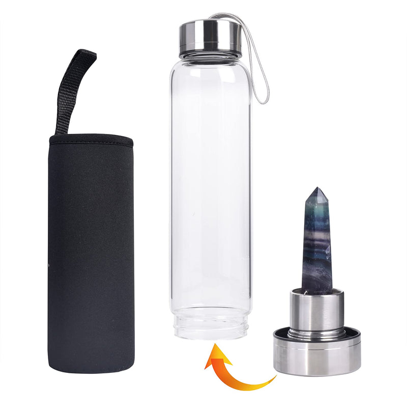 [Australia] - ChezMax Crystal Glass Water Bottle Energy Quartz Gemstone Water Bottle with Changeable Natural Crystal Center for Healing and Wellness A - Dark Colorful Fluorite 