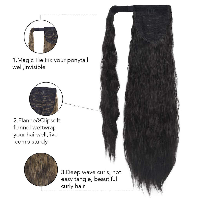 [Australia] - SEIKEA 16 Inch Clip in Ponytail Extension Wrap Around Long Wavy Curly Pony Tail Hair Fluffy Synthetic Hairpiece for Women - Black 16 Inch (Pack of 1) 