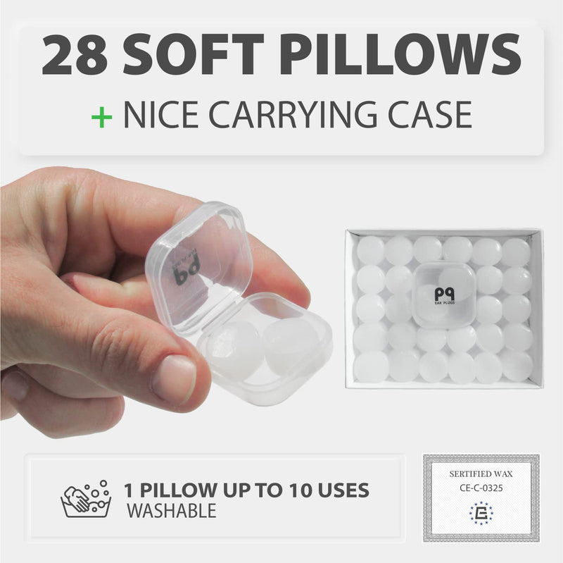 [Australia] - PQ Wax Ear Plugs for Sleep - 28 Silicone Wax Earplugs for Sleeping and Swimming - Gel Ear Plugs for Noise Cancelling & Ear Protection - Sleeping Earplugs with Sound Blocking Level 32 Db, 28 Pillows 