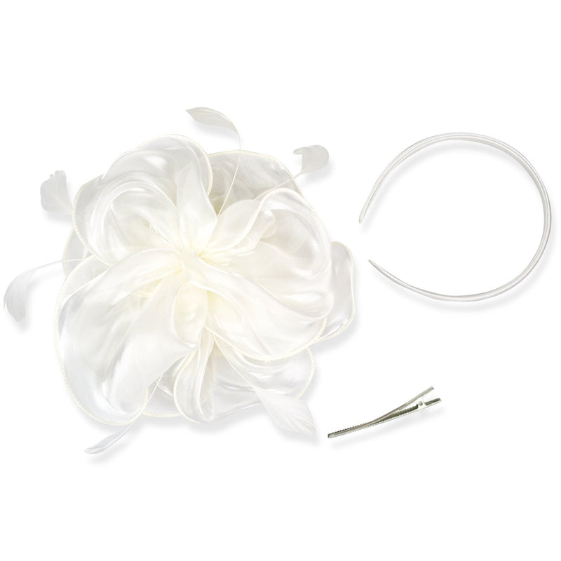 [Australia] - DRESHOW Fascinators Hat Tea Party Headwear Ribbons Feathers on a Headband and a Clip for Girls and Women 8.2" / White 