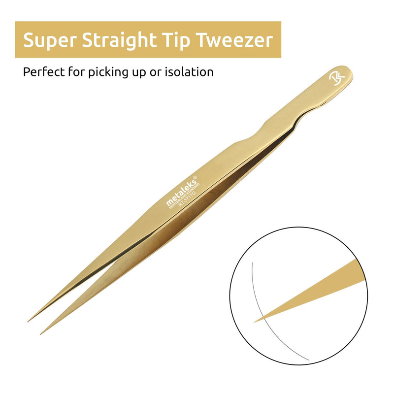 [Australia] - 12CM Golden Tweezers for Eyelash Extension Hand Crafted Japanese Stainless Steel Precision Tweezers (Supper Straight Tip.) Supper Straight Tip. 
