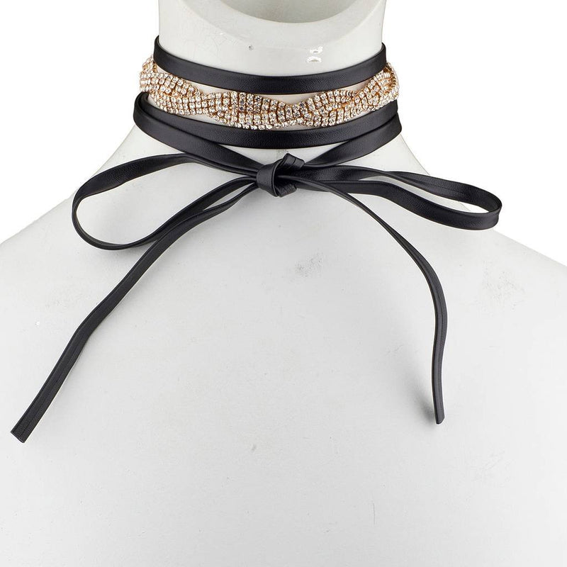 [Australia] - Lux Accessories Black Pu Leather and Gold Tone Crystal Braided Wrap Choker 