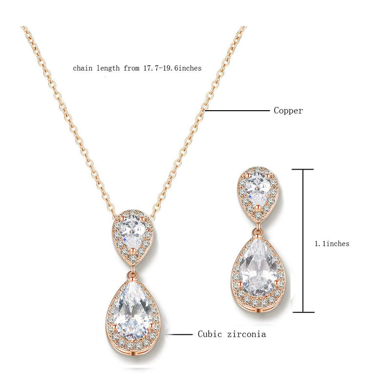 [Australia] - UDORA CZ Drop Earrings Necklace Bridal Bridesmaid Jewelry Set Wedding Party Prom Christmas Gifts rose gold 