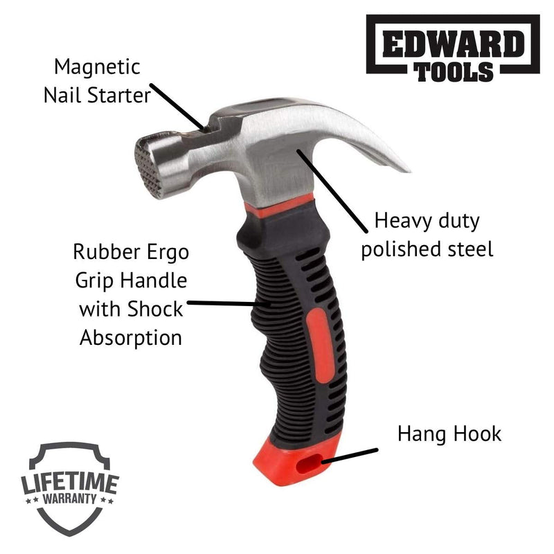 [Australia] - Edward Tools Small Claw Hammer 8 oz. with Magnetic Nail Starter - Polished Heavy Duty Steel Head - Ergo Rubber Grip Handle - Mini Hammer for Home, DIY, Camping, Kids, Tent Stakes 