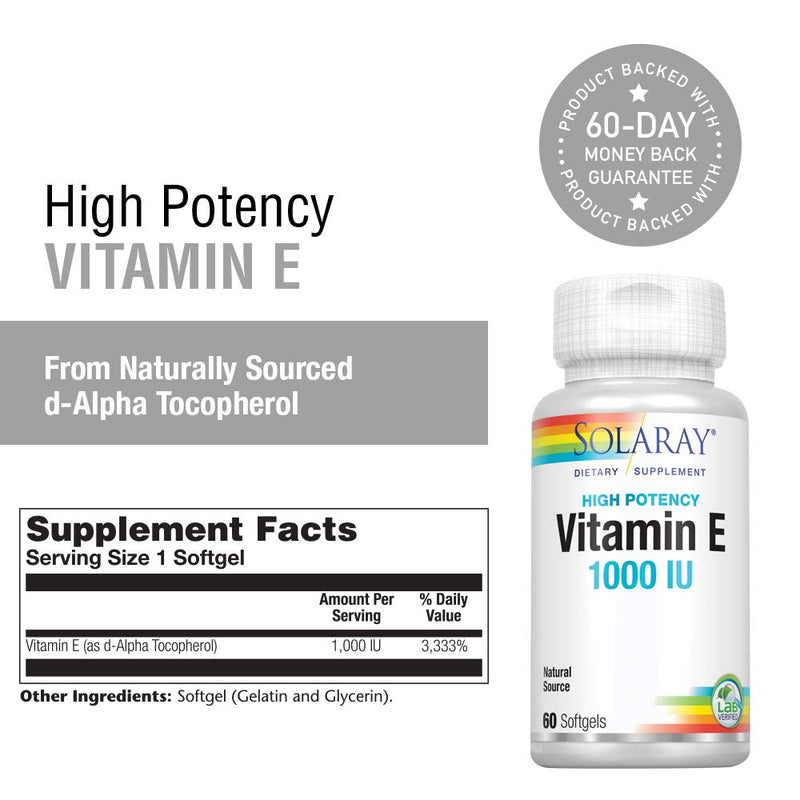 [Australia] - Solaray Vitamin E, d-Alpha Tocopherol 1000IU | for Healthy Cardiac Function, Antioxidant Activity & Skin Health Support | Lab Verified | 60 Softgels 