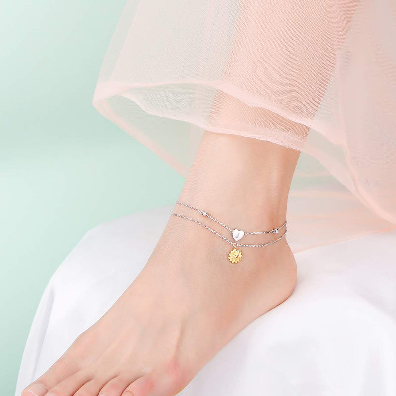 [Australia] - Sterling Silver Layered Chain Alphabet Letter Initial with Sunflower Beads Foot Bracelet Anklet for Women J 