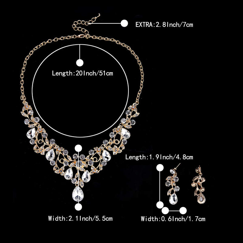 [Australia] - BriLove Women's Bohemian Boho Crystal Filigree Vine Leaf Hollow Enamel Statement Necklace Dangle Earrings Set Clear Gold-Tone 