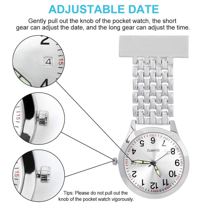 [Australia] - Yideng Nurse Fob Watch with Adjustable Date, Stainless Steel Quartz Doctor Pocket Watches Men Women Lapel Pin Watch Clip-on Hanging Medical Pocket Watch 