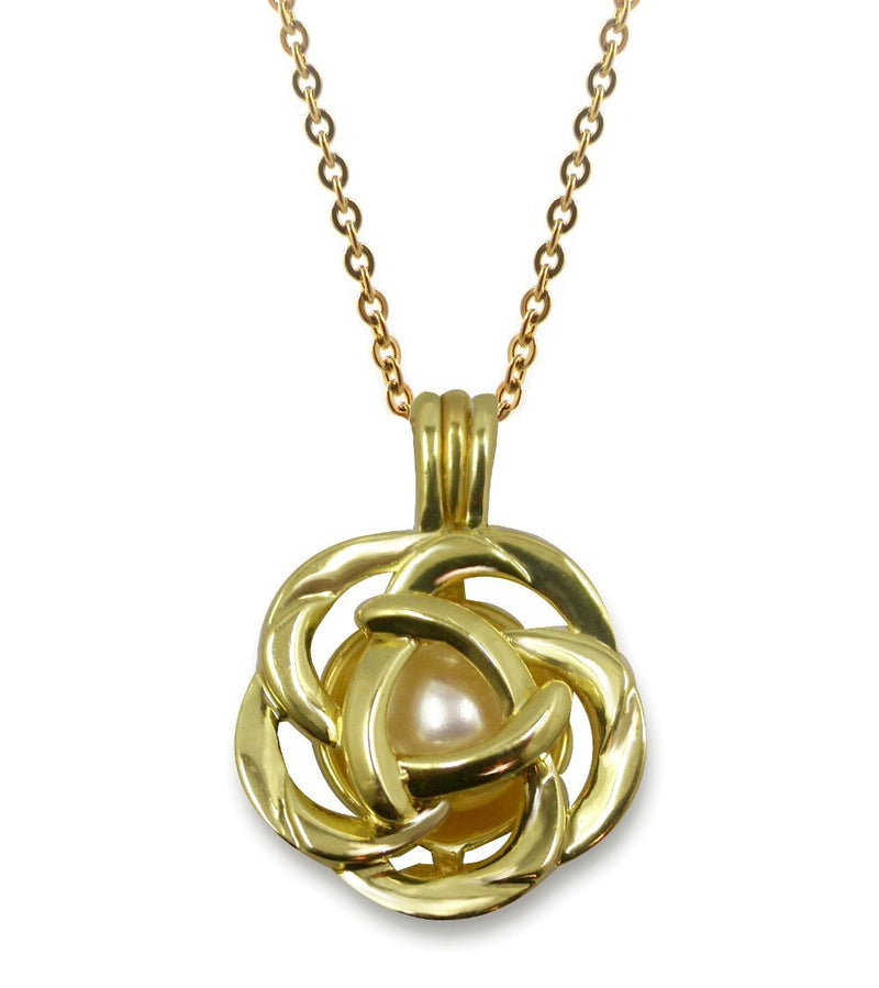 [Australia] - Pearlina Rose Flower Gold Plated Cage Necklace Cultured Pearl in Oyster Set w/Stainless Steel Chain 18" 