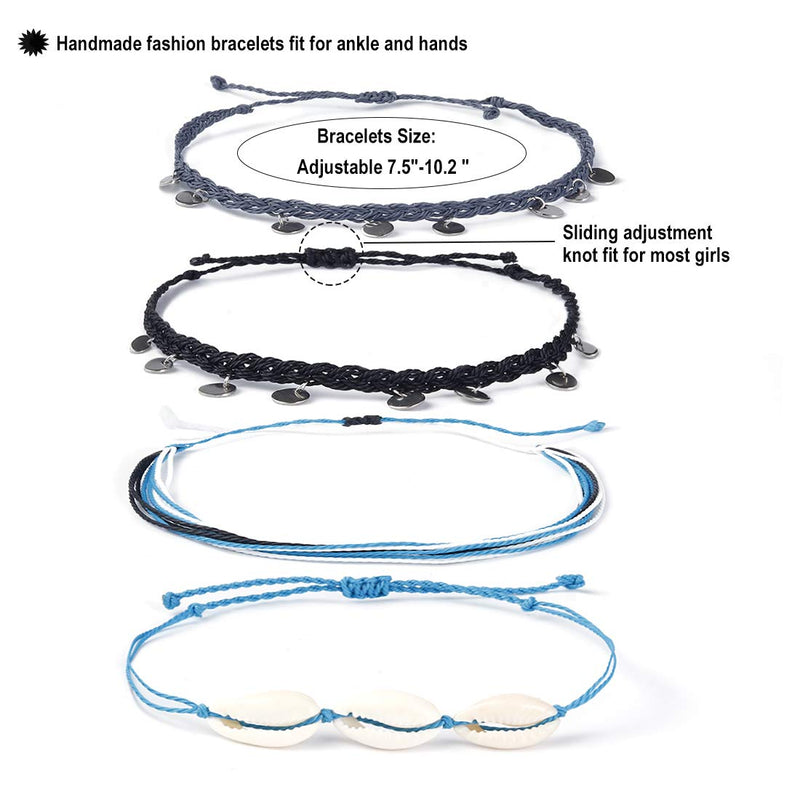 [Australia] - ISWAKI 4 Pcs Ankle Bracelets Braided Shell Feet Rope Coin Adjustable String Boho Bohemia Anklets Foot Cord Beach Jewelry for Women Girls Black 