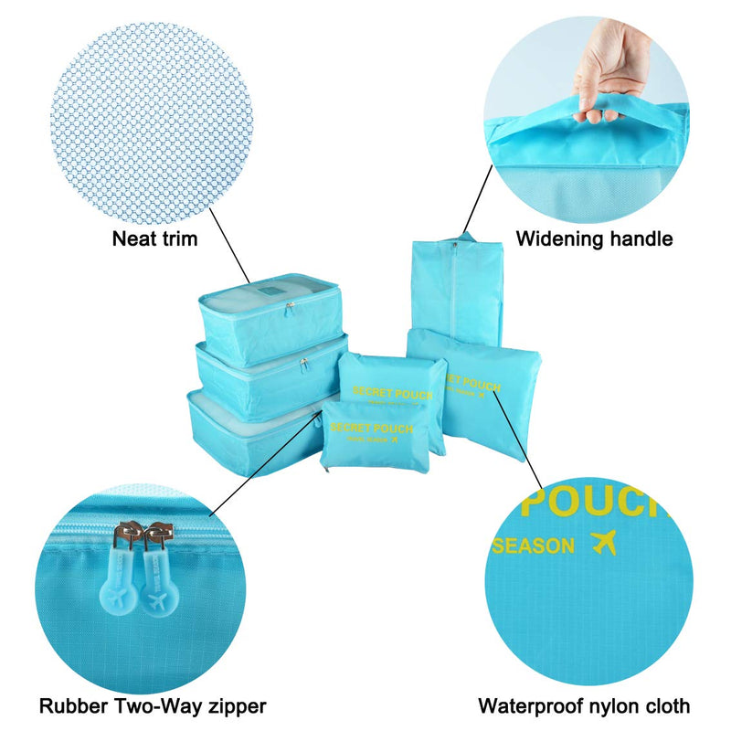 [Australia] - 7PCS Travel Packing Cubes for Suitcases, TOYESS Waterproof Nylon Luggage Organiser Storage Bags Value Set for Backpack, Light Blue 7pcs-light Blue 