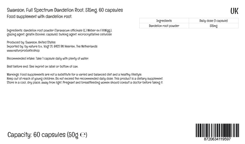 [Australia] - Swanson, Full Spectrum Dandelion Root, 515mg, 60 Capsules, Lab-Tested, Soy Free, Gluten Free, Non-GMO 