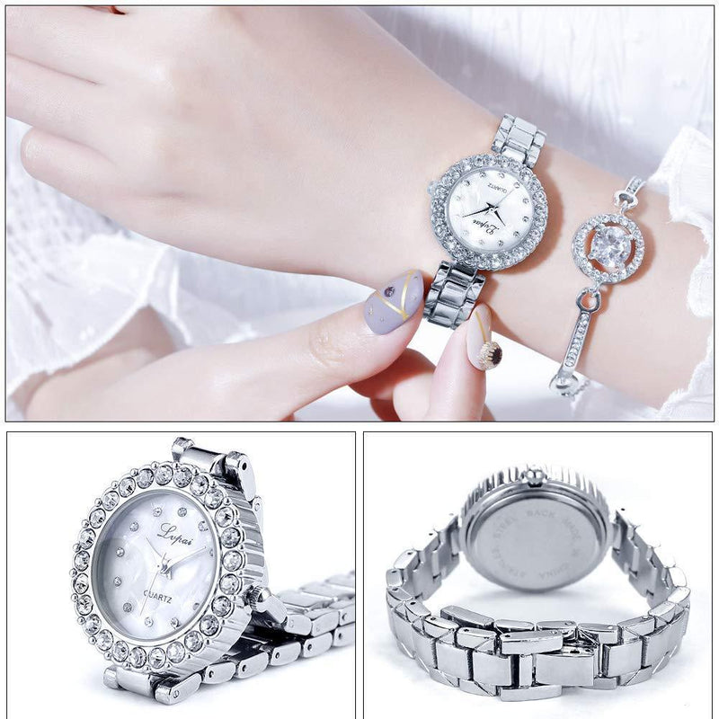 [Australia] - Lady Watches with Bracelet, ManChDa Women Watches Set, Analogue Quartz Diamond Watches with Stainless Steel Strap for Women, Lady Rhinestone Wrist Watch+Jewelry Cuff Bracelet Set 1.silver 