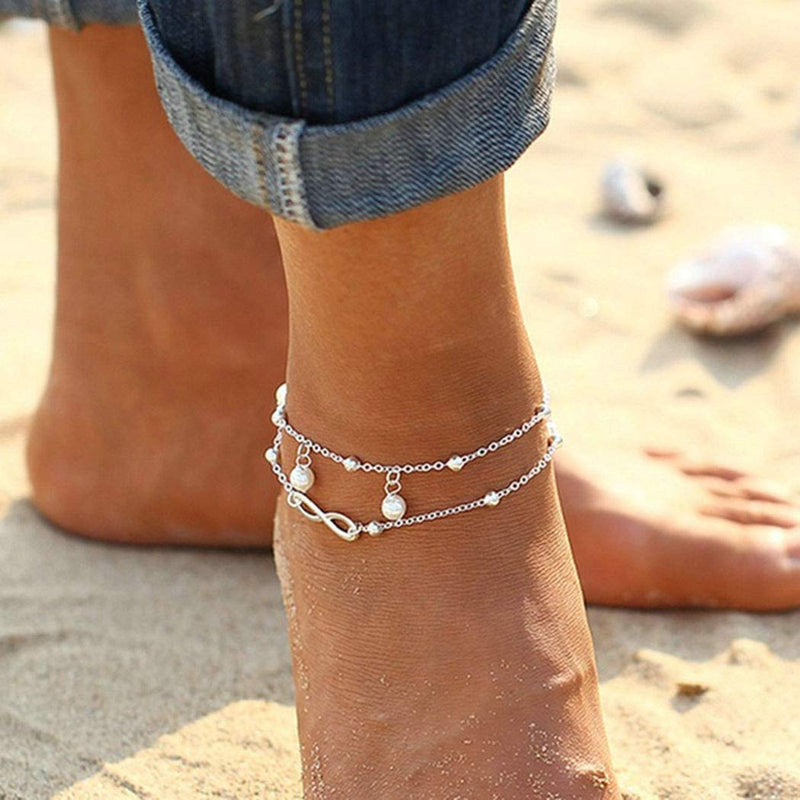 [Australia] - Shegirl Boho Infinite Anklet Bracelets Pearl Layered Anklet Chain Silver Beach Foot Jewelry for Women and Girls (Silver) 