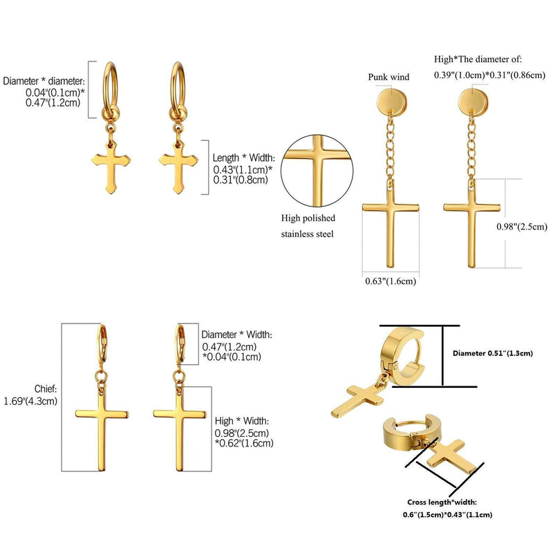 [Australia] - JewelryWe 4 Pairs Cross Earrings,Stainless Steel Hinged Hoop Cross Dangling Stud Earrings for Men Women(gold) 