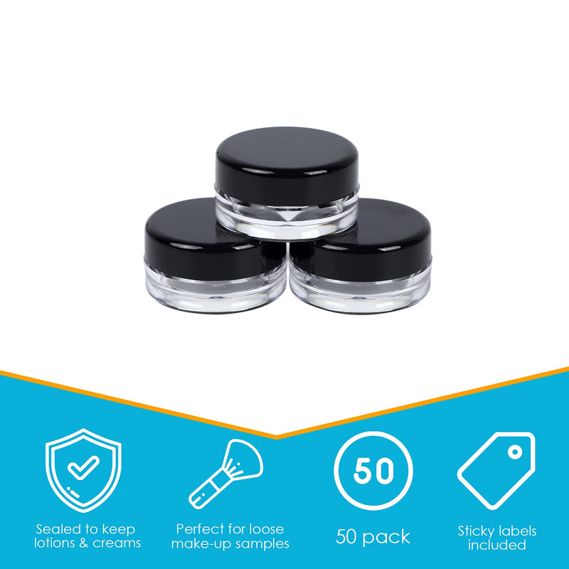 [Australia] - Houseables 3 Gram Jar, 3 ML, Black, 50 Pk, BPA Free, Cosmetic Sample Empty Container, Plastic, Round Pot, Screw Cap Lid, Small Tiny 3g Bottle, for Make Up, Eye Shadow, Nails, Powder, Paint, Jewelry 50 Count 