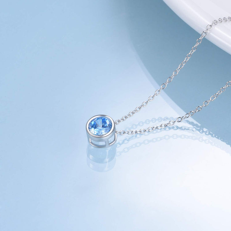 [Australia] - 925 Sterling Silver Solitaire Cubic Zirconia Necklace for Women Teen Girls March - Light Blue 