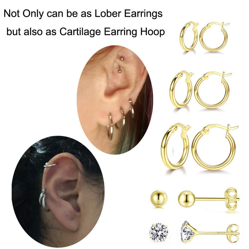 [Australia] - GULICX 3 Pairs Sterling Silver Small Hoop Stud Earrings Hypoallergenic Huggie Hinged Unisex Sleeper Hoops Earrings, Tiny Cartilage CZ Ball Earrings Piercing Jewellery for Women Girls Gold 3 pairs 13/16/20mm+2mm cz +ball earrings 