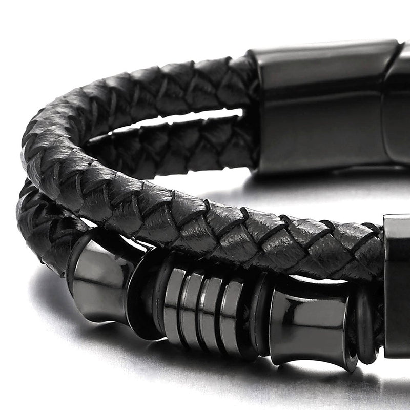 [Australia] - COOLSTEELANDBEYOND Mens Double-Row Black Braided Leather Bracelet Bangle Wristband with Black Stainless Steel Ornaments Metal Color: Black; Leather Color: Black 