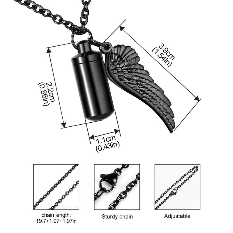 [Australia] - Dletay Cylinder Cremation Urn Necklace for Ashes Memorial Keepsake Pendant with Angel Wing Stainless Steel Remembrance Jewelry Black S non-engraving 