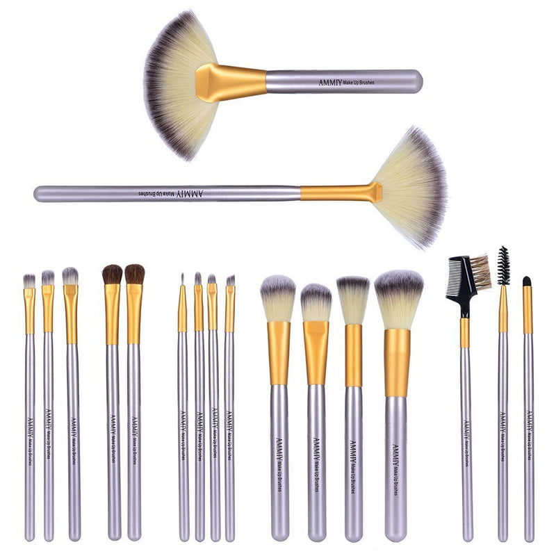 [Australia] - AMMIY Makeup Brushes 18 PCs Makeup Brush Set Professional Wood Handle Premium Synthetic Contour Concealers Foundation Blending Face Powder Eye shadow Cosmetic Brushes with PU Leather Bag (Champagne) 