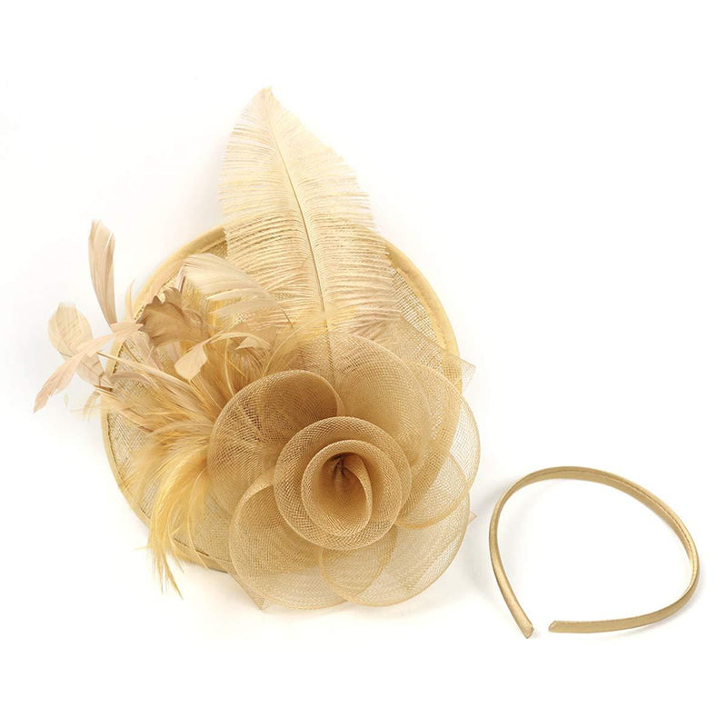 [Australia] - Z&X Sinamay Fascinator with Headband Clip Mesh Flower Feather Cocktail Pillbox Hat #a Gold 