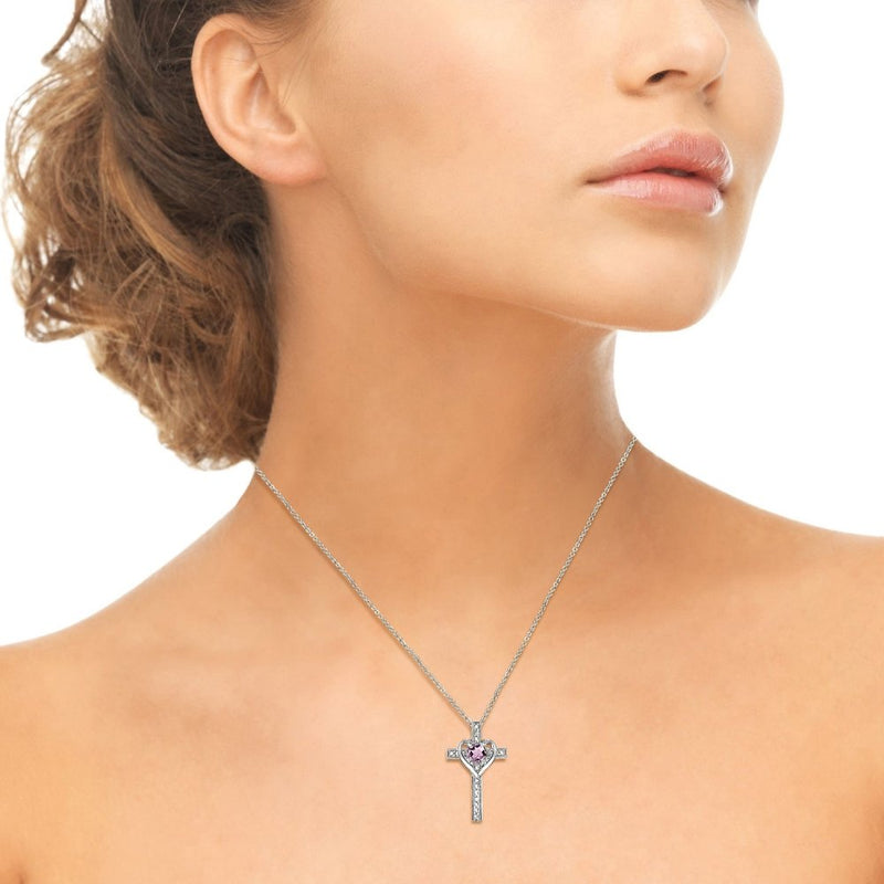 [Australia] - Sterling Silver Gem Cross Heart Pendant Necklace for Teens or Women Purple CZ - Silver 