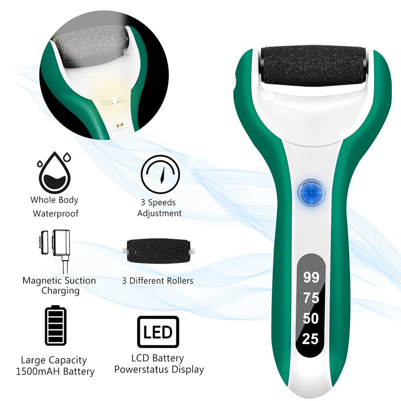 [Australia] - BOMPOW Hard Skin Remover Foot File IPX7 Waterproof Foot Scrubber with 3 Rollers LED Light (Green) Green 