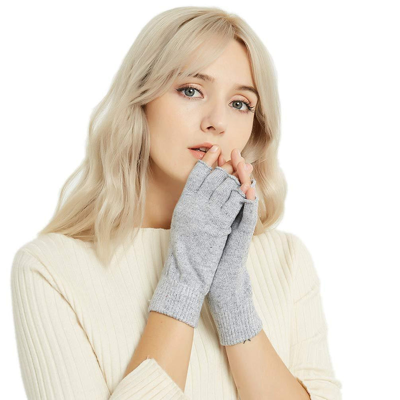 [Australia] - Novawo Cashmere Blend Fingerless Gloves Warm Arm Warmers Light Gray 