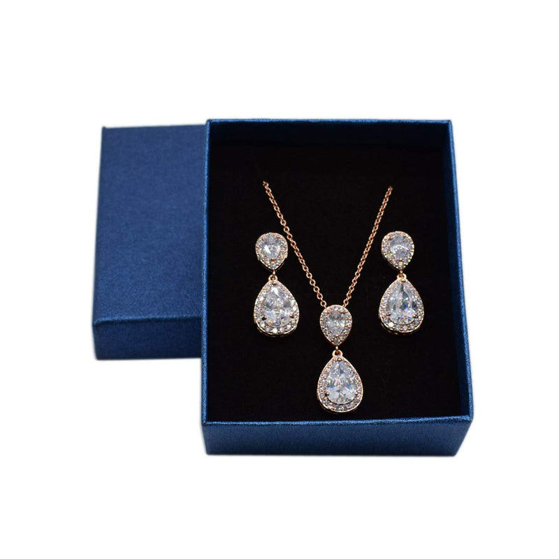 [Australia] - UDORA CZ Drop Earrings Necklace Bridal Bridesmaid Jewelry Set Wedding Party Prom Christmas Gifts rose gold 