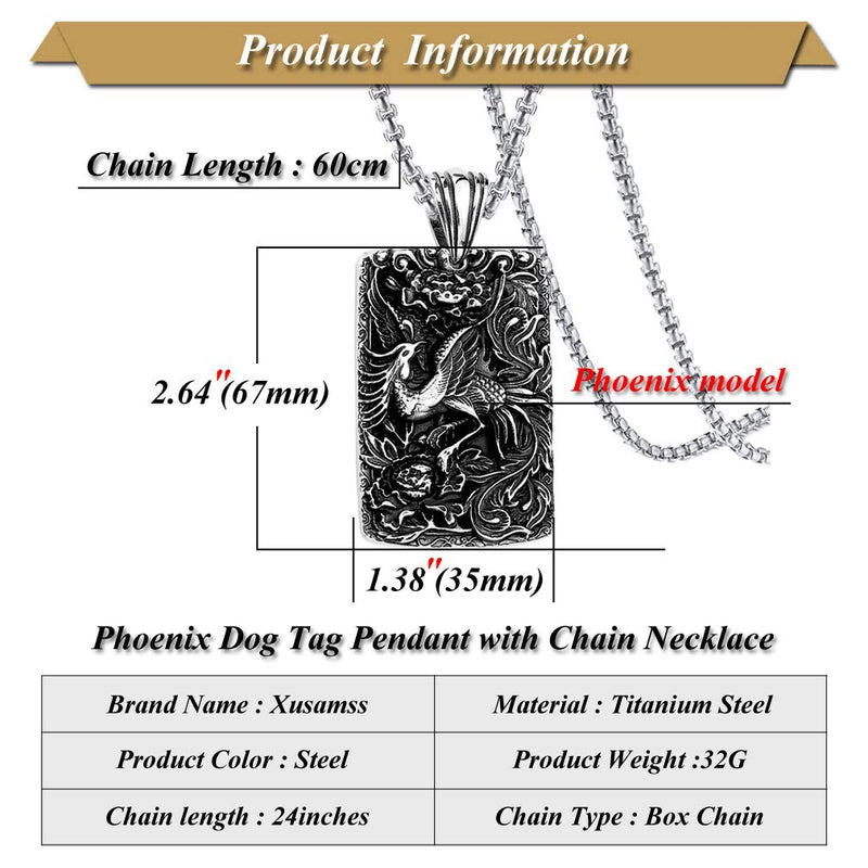 [Australia] - Xusamss Titanium Steel Animal Phoenix Dog Tag Pendant Necklace,24inches Box Chain 316L Steel Phoenix Dog Tag 