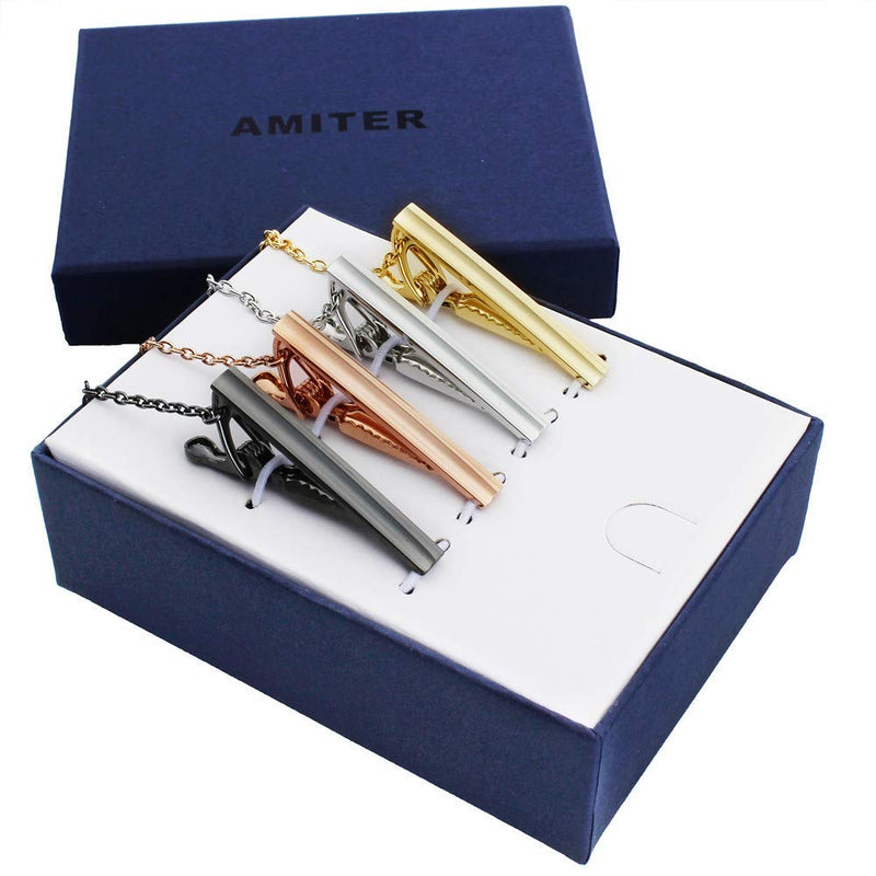 [Australia] - AMITER 4-Color Tie Clips Set with Chain for Men 1.5 Inch Slim Necktie Packed in Gift Box 2055 
