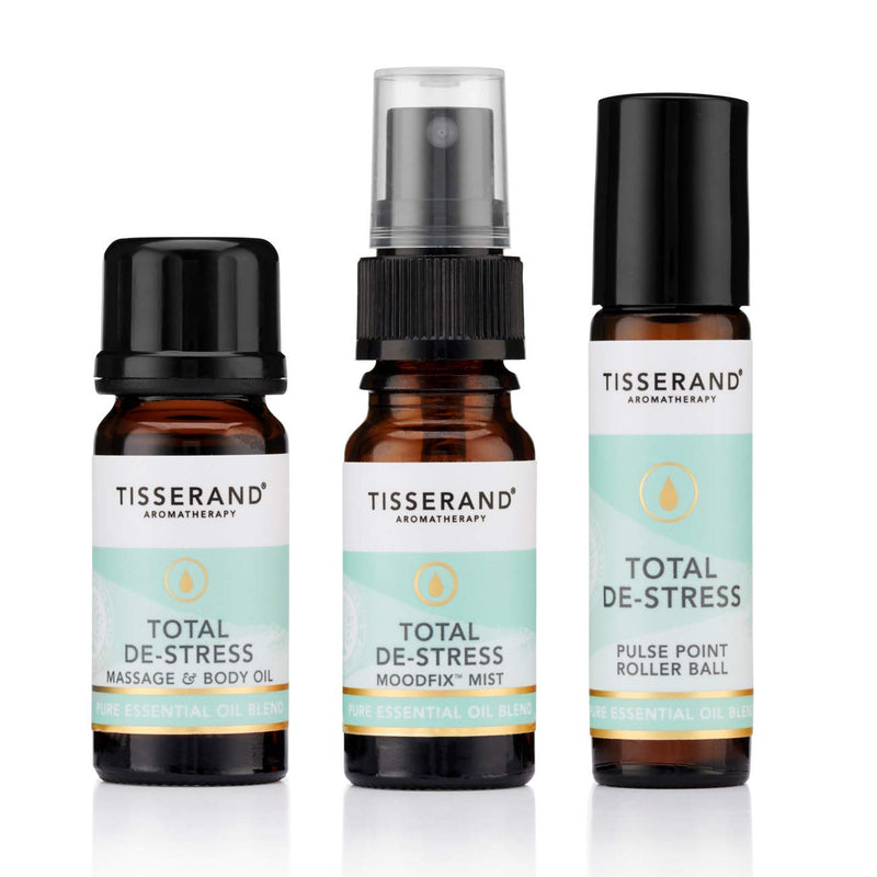 [Australia] - Tisserand Aromatherapy - Total De-Stress Discovery Kit - Roller Ball, Massage & Body Oil & MoodFix Mist - 100% Natural Pure Essential Oils - 2x9ml, 1x10ml 