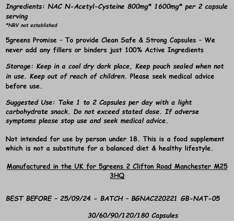 [Australia] - NAC N-Acetyl-Cysteine 1600mg High Strength Per Serving – 120 Vegan Friendly Capsules- 100% Natural, No Fillers or Binders – Made in The UK by 5greens 