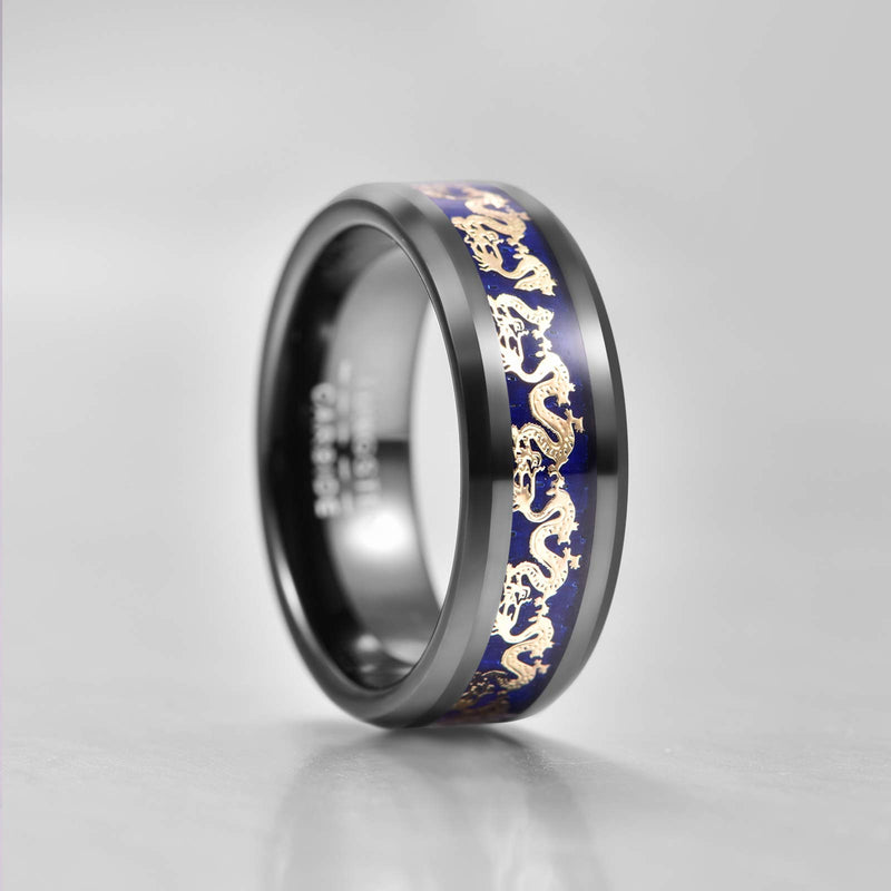 [Australia] - Merthus 8mm Men Carbon Fiber Inlay Wedding Band Black Tungsten Carbide Dragon Pinky Ring Comfort Fit Blue 8 