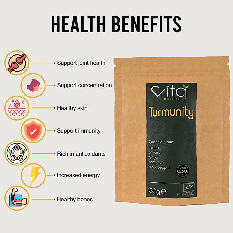 [Australia] - Turmunity Superfood Powder Blend 150g - Premium Organic Food - Vegan & Gluten Free - Rich Ayurveda, Turmeric, Black Pepper and More Formula - Ideal Latte Mix - Made in The UK 