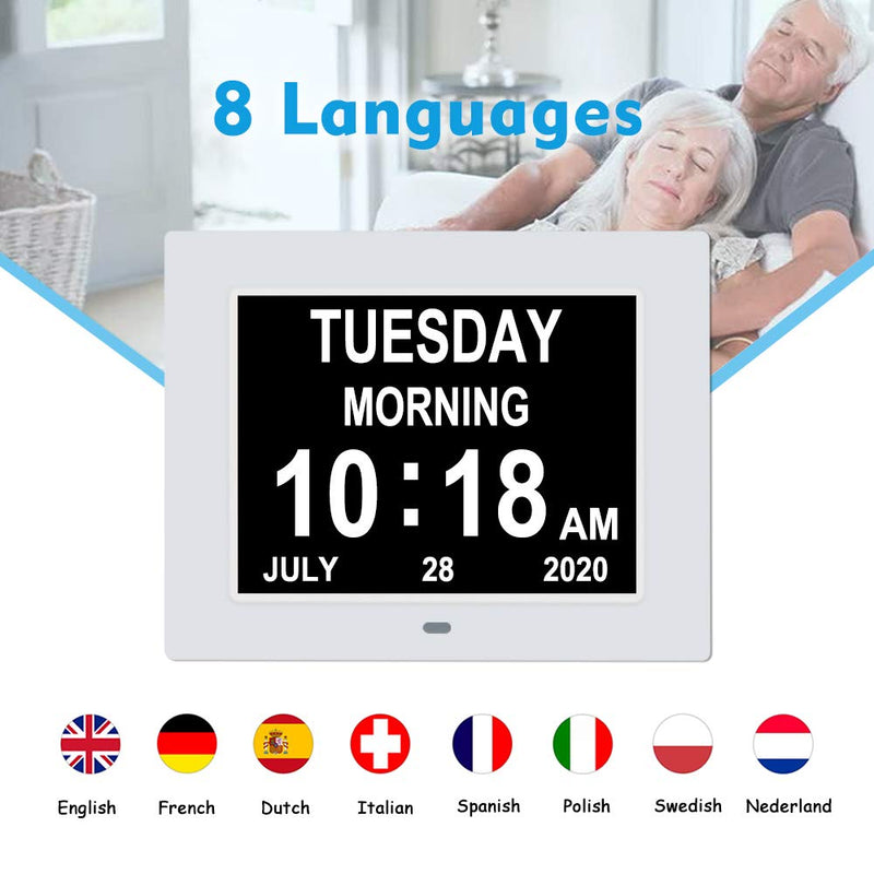 [Australia] - 7 Inch Extra Large Non-Abbreviated Day Date & Month Digital Day Calendar Clock with Auto-Dimming 8 Alarm Reminders Dementia Clocks for Senior Elderly impaired Vision 7005 white 