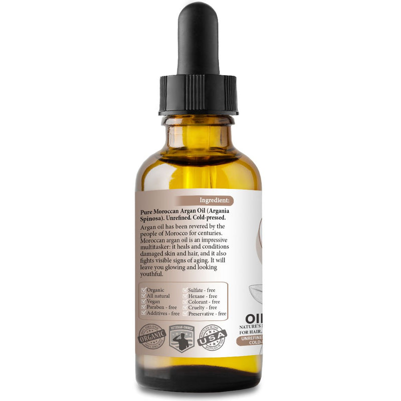 [Australia] - Moroccan Argan Oil. 2oz. Cold-pressed. Unrefined. Organic. 100% Pure. Virgin. Non-comegodenic. Hexane-free. Rejuvenates Skin. Softens Hair. Natural Moisturizer. For Hair, Skin, Beard, Stretch Marks. 