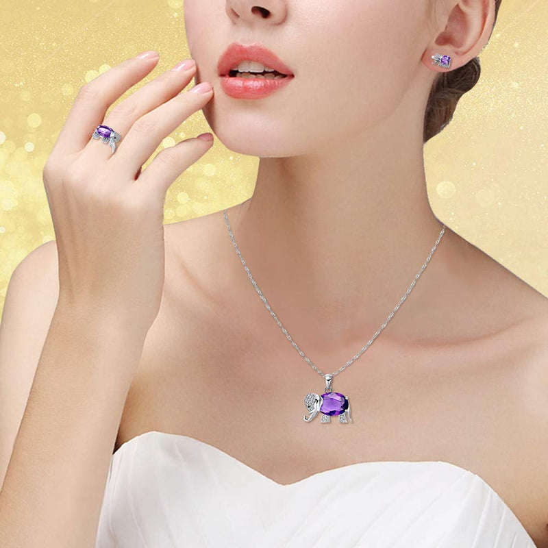 [Australia] - Uloveido Good Luck Big Elephant Shape Crystal Drop Pendant Necklace, Earrings and Rings Wedding Jewelry Set for Bridal Women Birthday Anniversary T485 Purple 8 