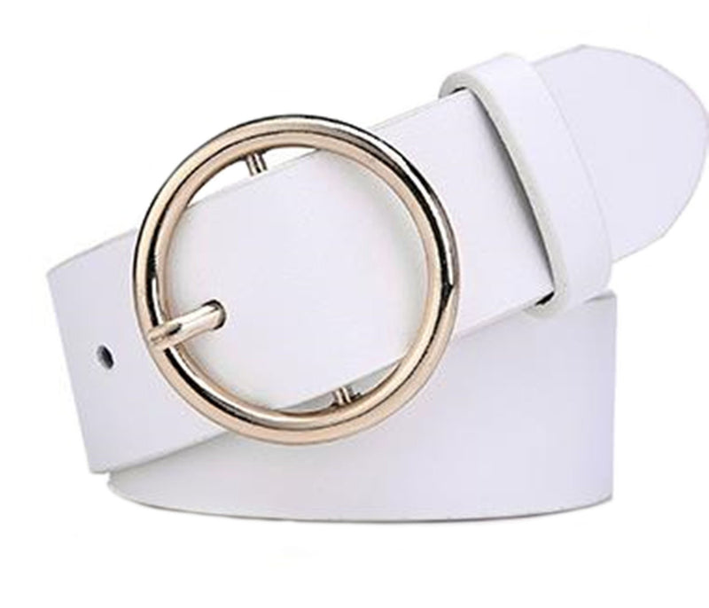 [Australia] - MESHIKAIER 41 * 1.3 Inch Women Fashion PU Leather Belt Casual Waist Belt with Round Metal Buckle White 