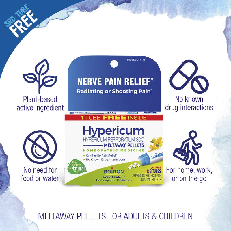 [Australia] - Boiron Hypericum Perforatum 30C Homeopathic Medicine for Relief from Nerve Pain, Toothaches, Pain in Legs or Back, and Shooting Pains - 3 Count (240 Pellets) 