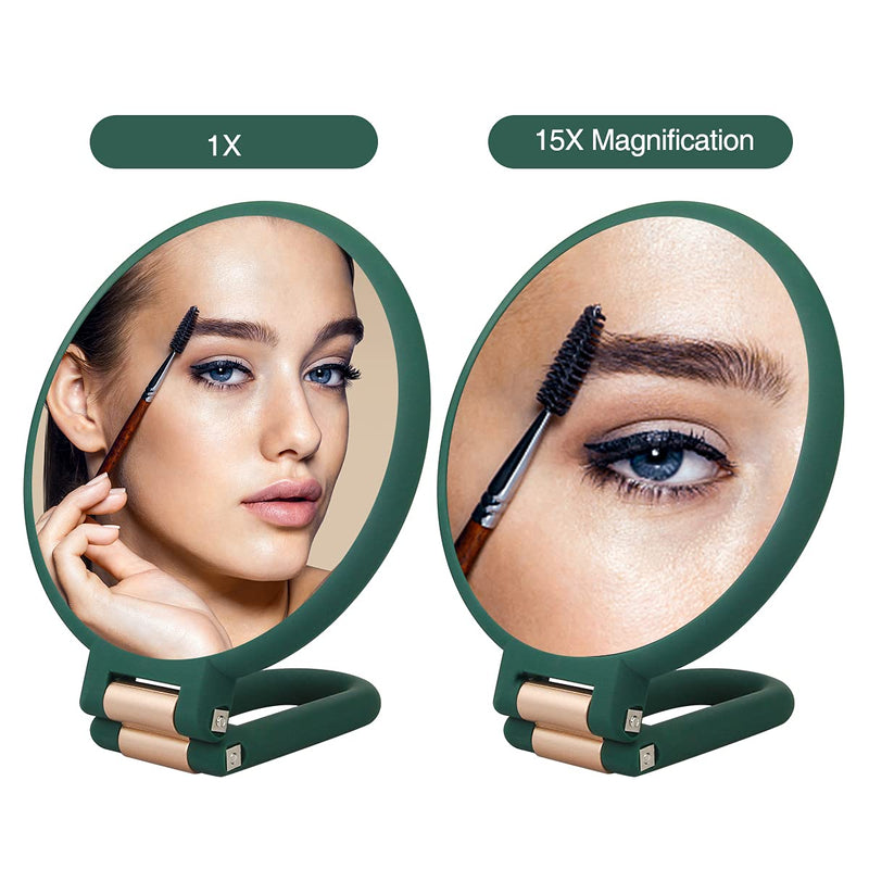 [Australia] - FUHUIM 1x 15x Magnifying Handheld Mirror, Double Sided Pedestal Magnification and True Image Makeup Mirror, Compact Size and Portable Vanity Cosmetic Mirror for Girl, 9.3" L x 1.9" W（Army Green） Army Green 